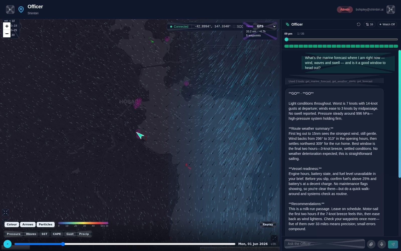 The Officer: live wind render and weather layers on the chart, a Tasman passage route, and a GO weather brief, on Shimbiri